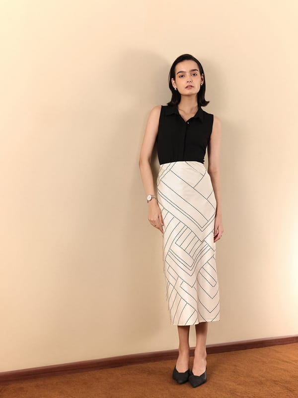Off White and Black Stretch Satin A-Line Midi Skirt — Fable Street