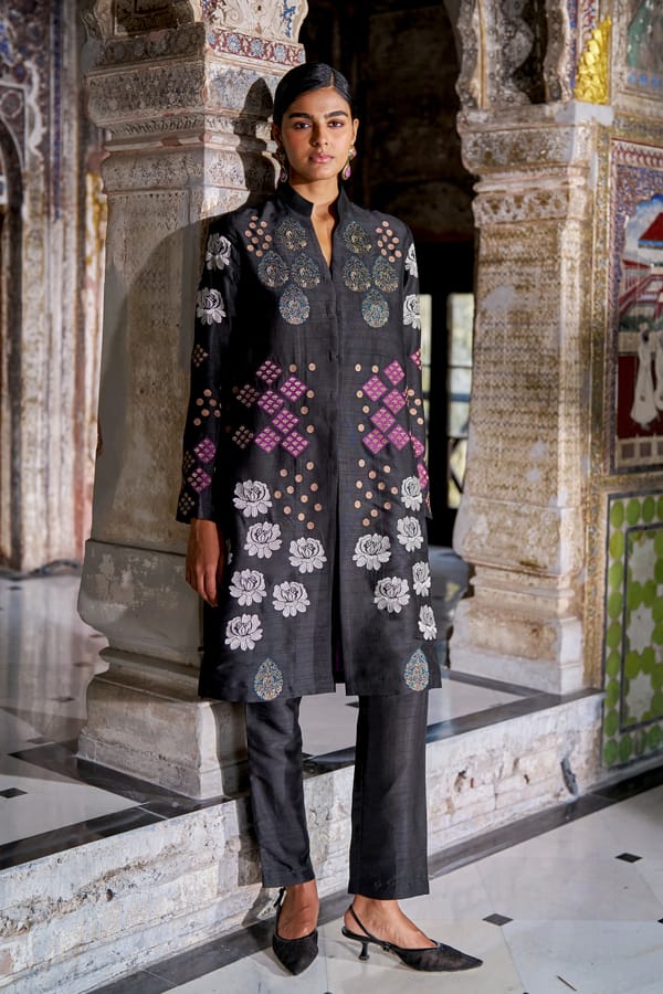 Black Brocade Embroidered Longline Co-ord Set — Dash and Dot