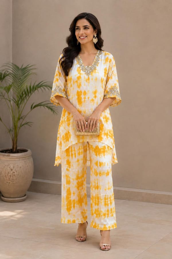 Tie & Dye Yellow colour  with Tilla work on pure modal satin  accessorize with  brass coins with palazzo pants — SMAYA by Monica