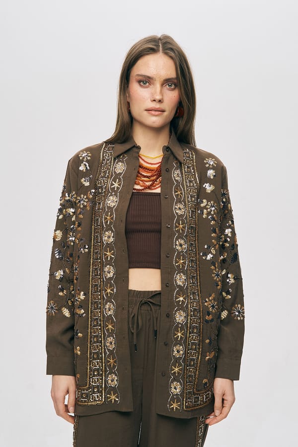 Brown Embellished Longline Button-Down Shirt — THE LUXURY DRESSING