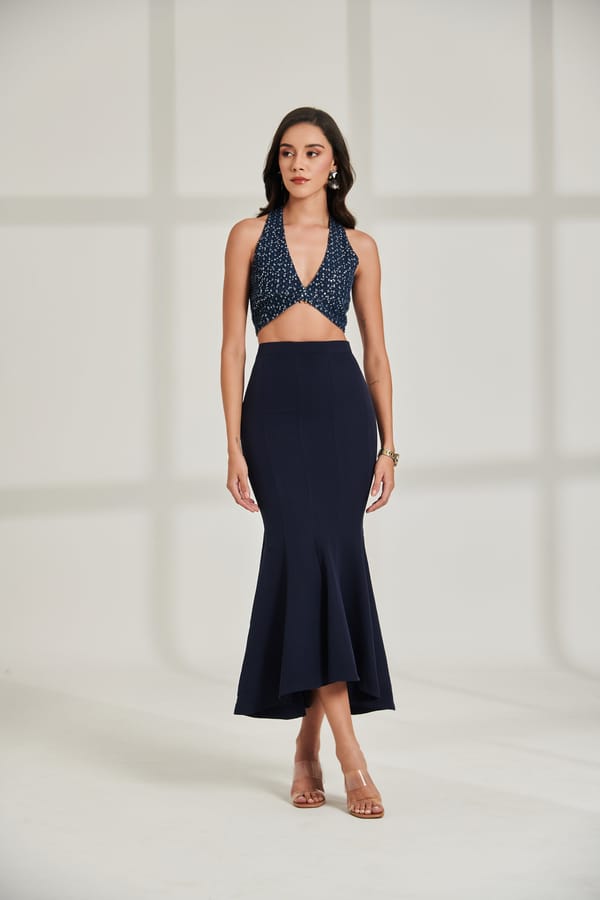Navy Blue High-Waist Mermaid Ruffle Midi Skirt — Torqadorn