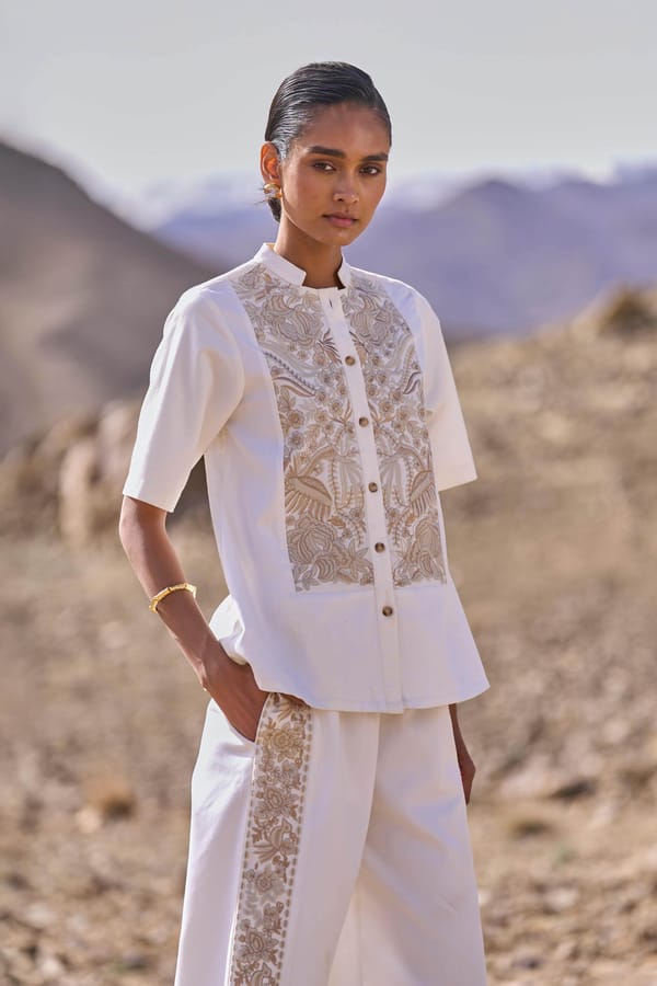 Ivory Embroidered Bib Yoke Button-Down Shirt — Dash and Dot