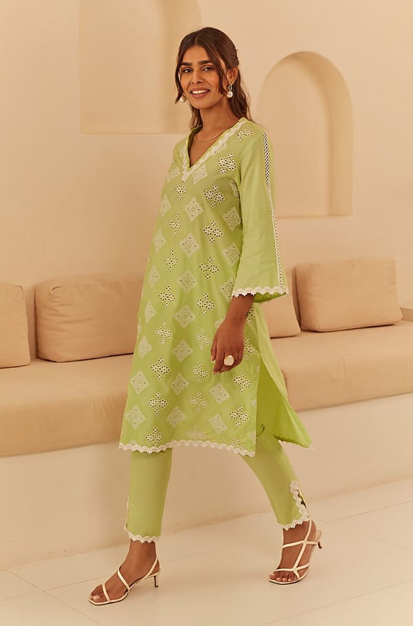 Lime Green Cutwork Straight Cotton Kurta Set with Dupatta — INCHING INDIA
