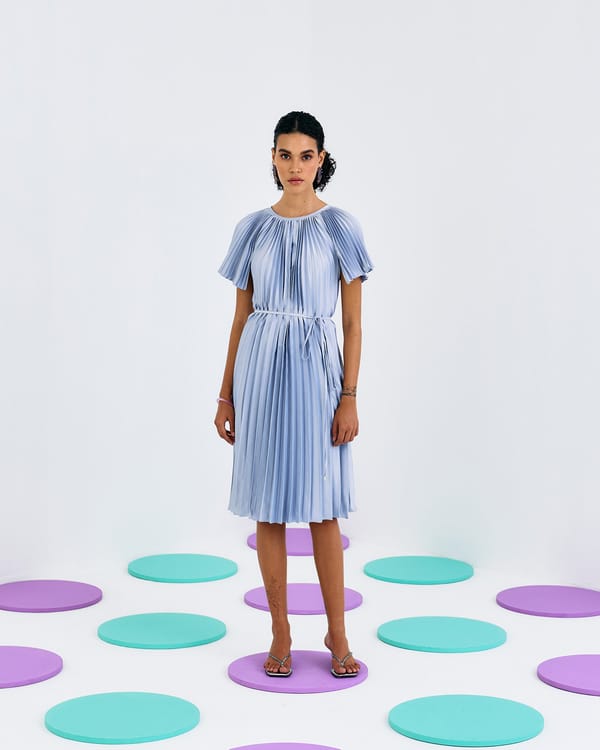 Icy Blue Pleated A-Line Midi Dress with Self-Tie Belt — Pleats by Aruni