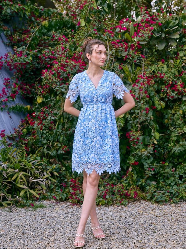 Blue Floral Lace Fit and Flare Knee-Length Dress — Style Island