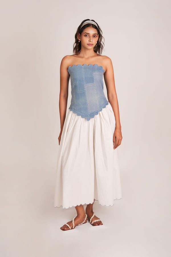 White and Blue Denim Corset Bodice Midi Dress — 9899