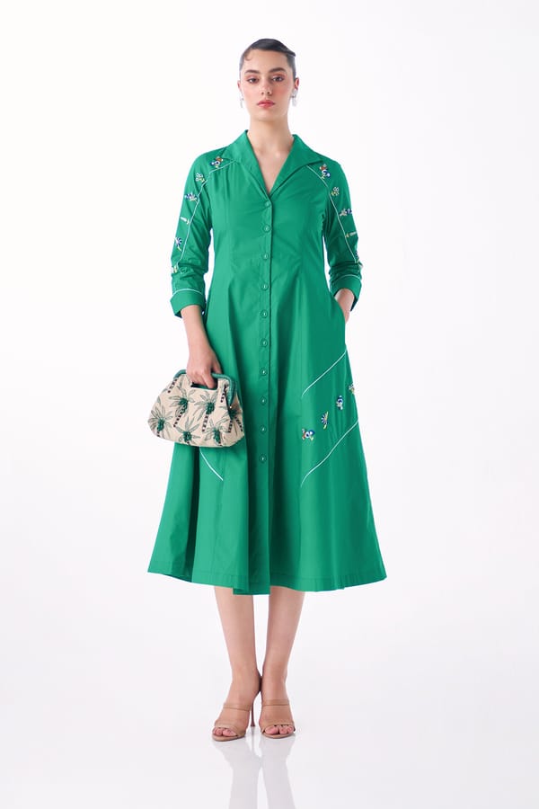 Emerald Cotton Poplin Embroidered Midi Shirt Dress — Our Love