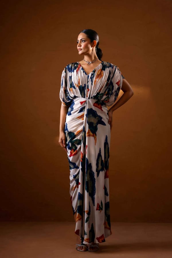 Multicolor Abstract Printed Crepe Kaftan Gown — STUDIO SURBHI
