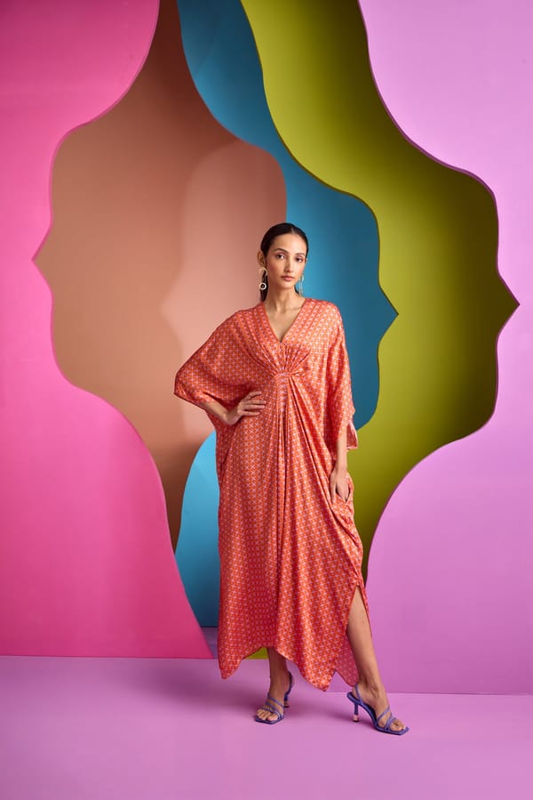 Orange Printed Maxi Kaftan with V-Neck and Pockets — CUIN