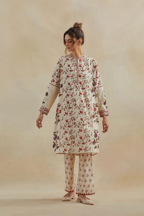 Beige/Rust Floral Block Print Cotton Kurta Set with Pants — Upavita