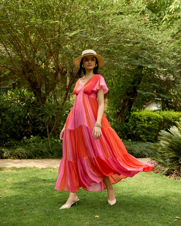 Pink and Orange Colorblocked Tiered Maxi Dress — Houseofsoi