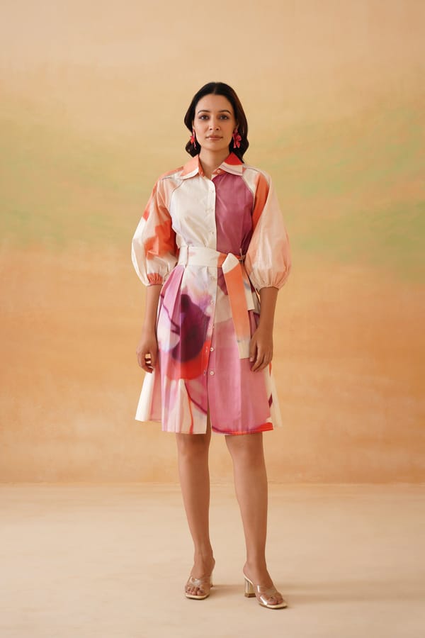 Beige Abstract Printed Mini Shirt Dress with Belt — IERA