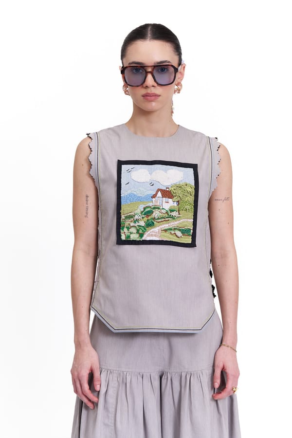Cloud Grey Denim Embroidered Overlay Top — Our Love