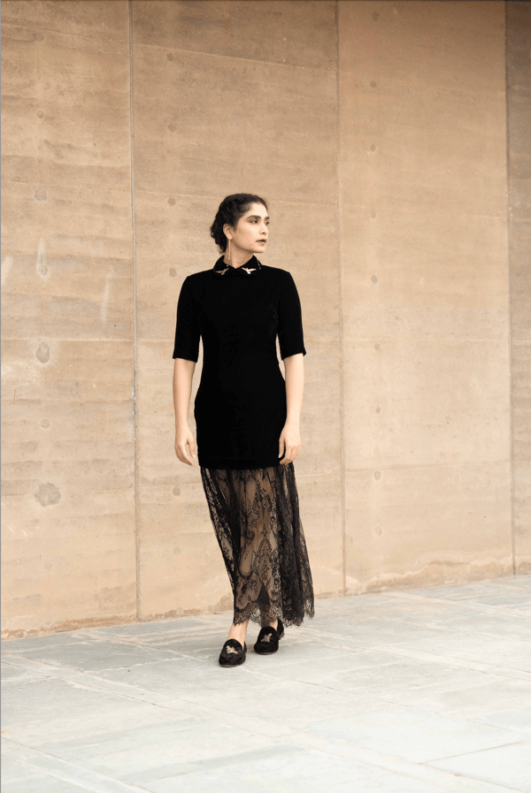 Black Velvet and Lace Collared Maxi Dress — Unrush