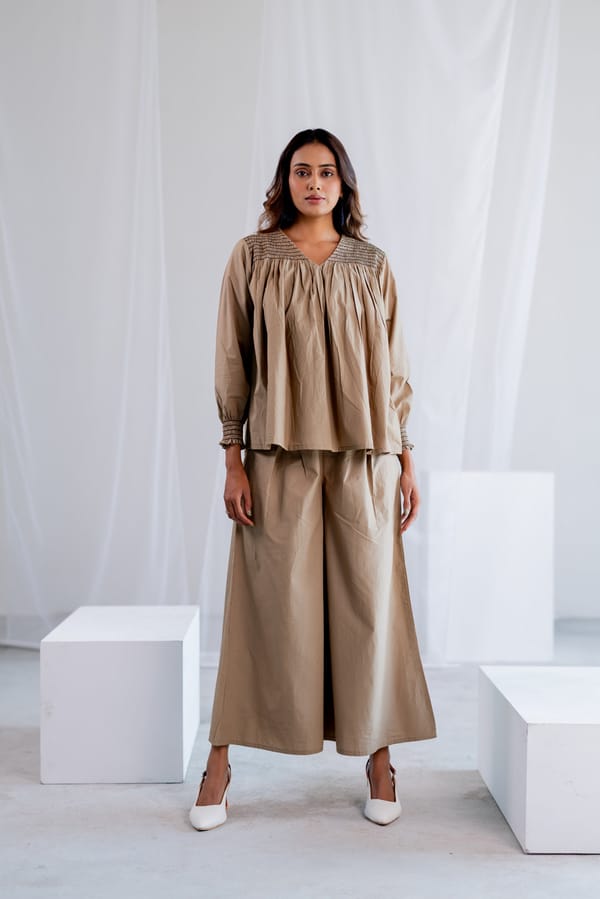 Beige Cotton Poplin Smocked Yoke Co-ord Set — Silai studio