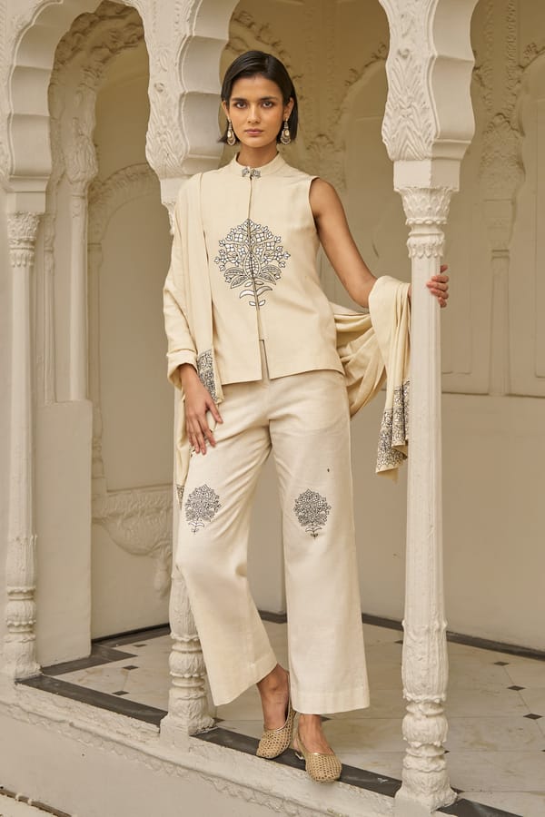 Beige Straight-Leg Trousers with Knee Embroidery — Dash and Dot