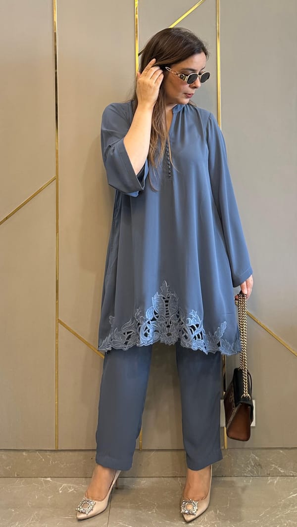 Blue Georgette Kurta and Pant Co-ord Set with Hem Cutwork — Kylee Fashions