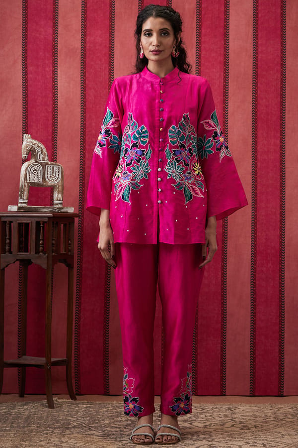 Fuchsia Pink Appliqué Kurta and Pants Co-ord Set — SOUP by Sougat Paul