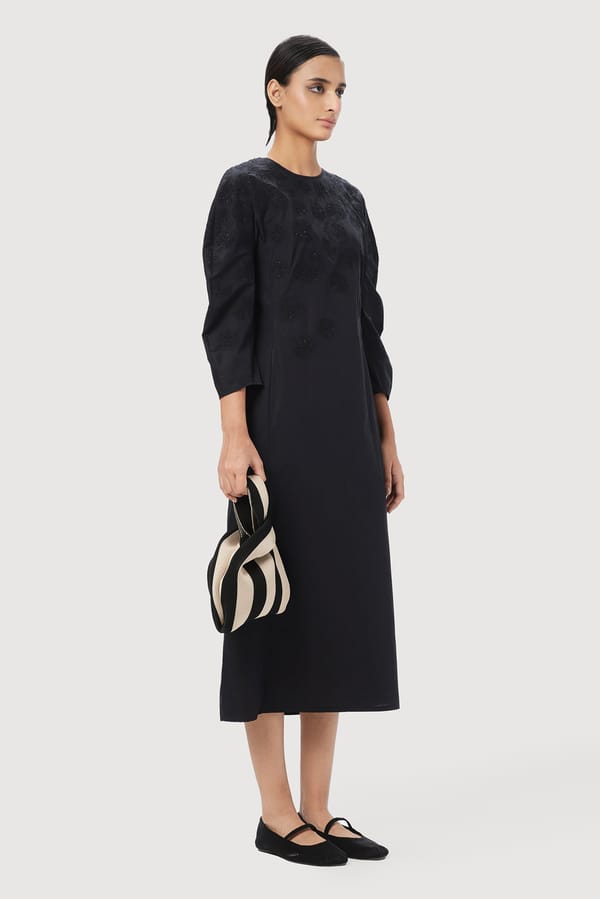 Black Straight-Fit Midi Dress with Rounded 3/4 Sleeves — Genes Lecoanet Hemant