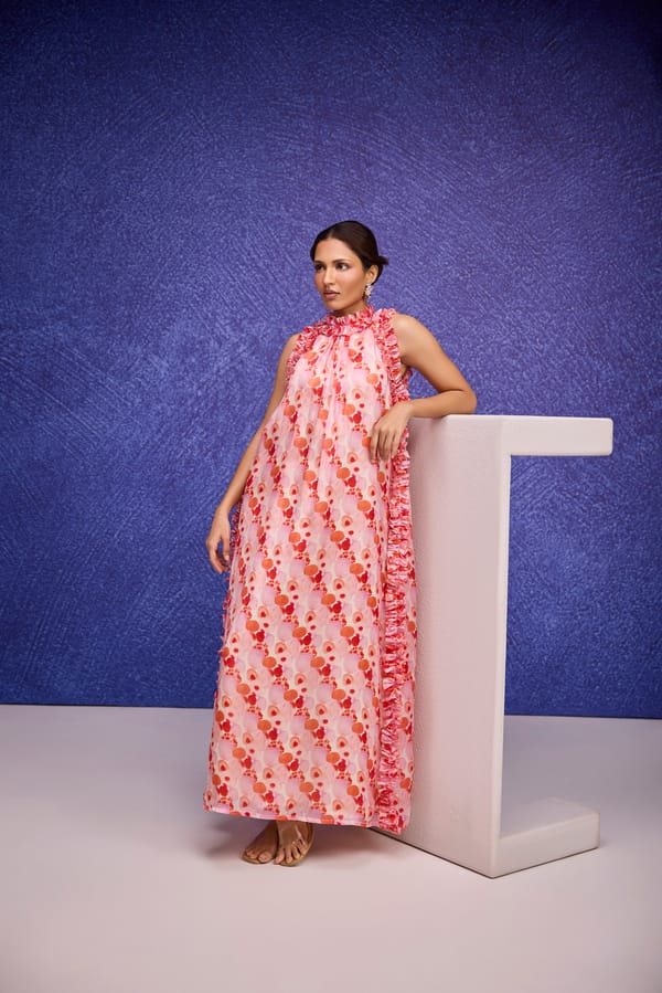 Red Silk Organza Halter Maxi Dress with Ruffle Trim — Tara & I