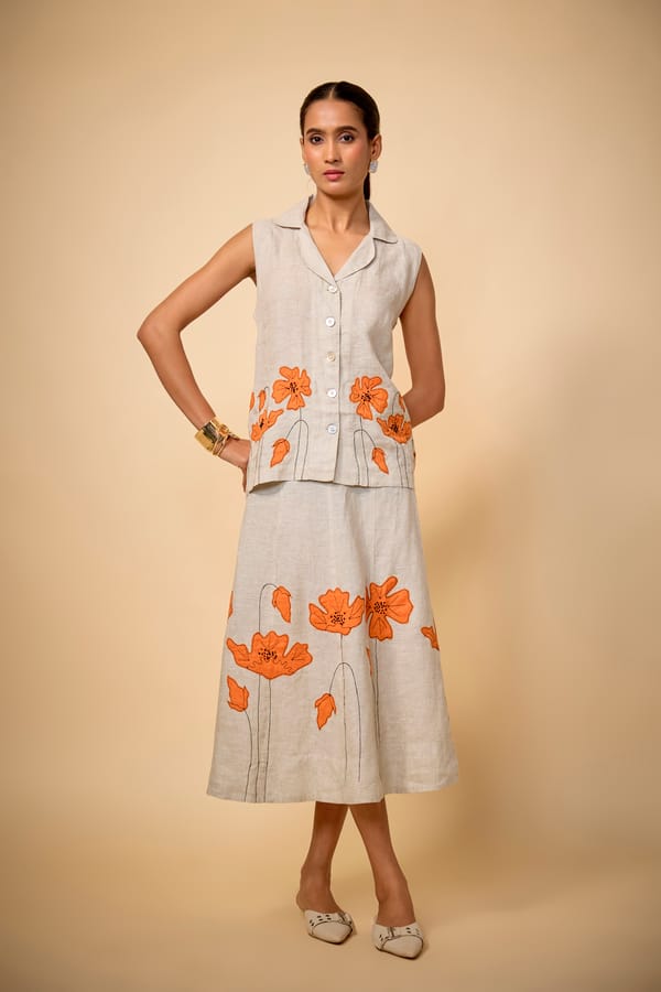 Beige Linen Floral Top and Midi Skirt Co-ord Set — Linen Bloom