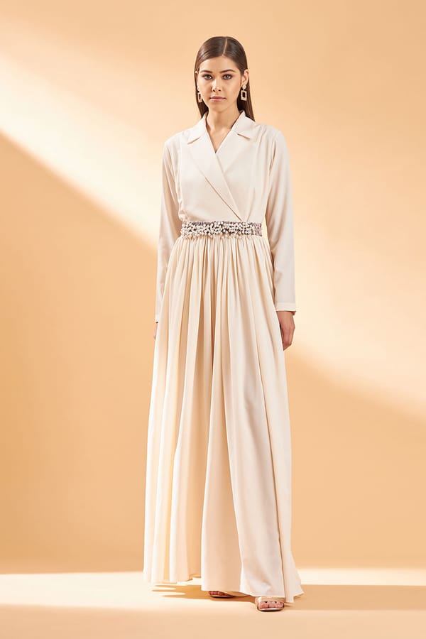 Ecru Flared Wide-Leg Lapel Collar Jumpsuit with Belt — Aakaar