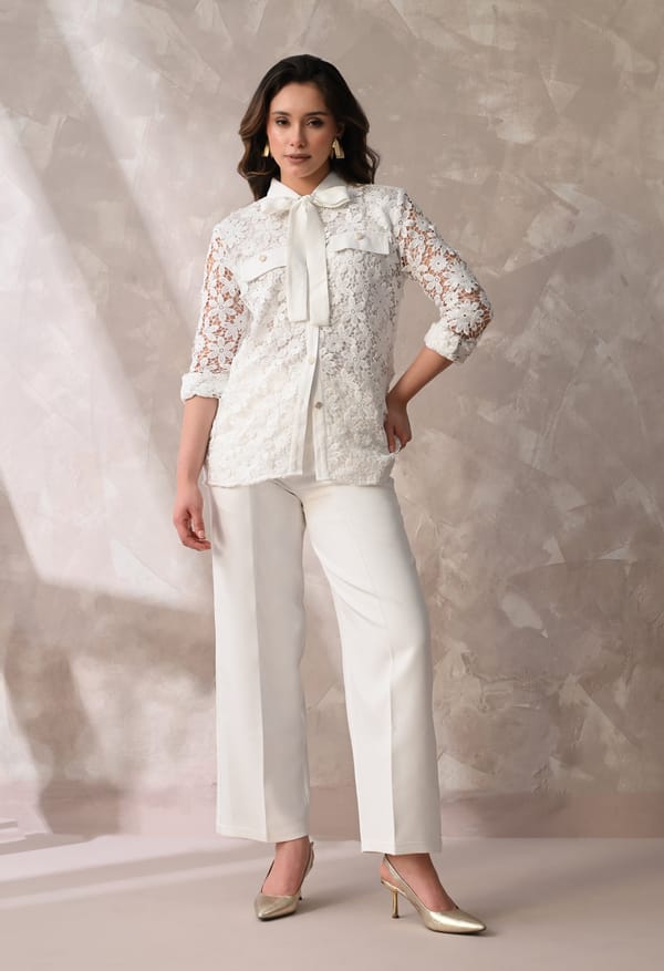Floral Lace Tie-Neck Shirt & Tailored Wide-Leg Pants — ANYSA