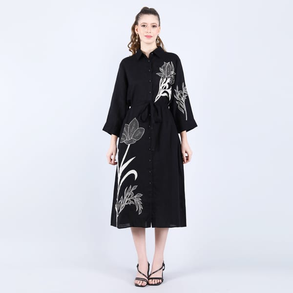 Black Linen Midi Shirt Dress with Floral Applique — Linen Bloom