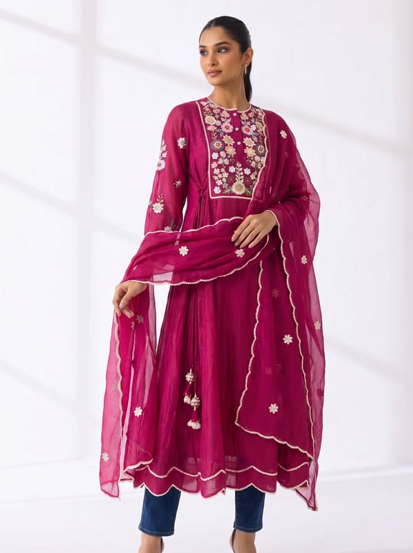 Rani Pink Chanderi Embroidered Flared Tunic Top — RUCHIKA MALLIKA LABEL