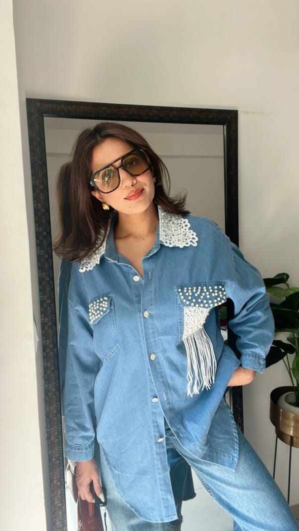 Fringed Pearl and Lace Denim Shirt — CLOSET AFFAIR