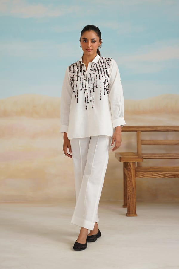 White Cotton Linen Embroidered Co-ord Set — NEETIKA CHOPRA