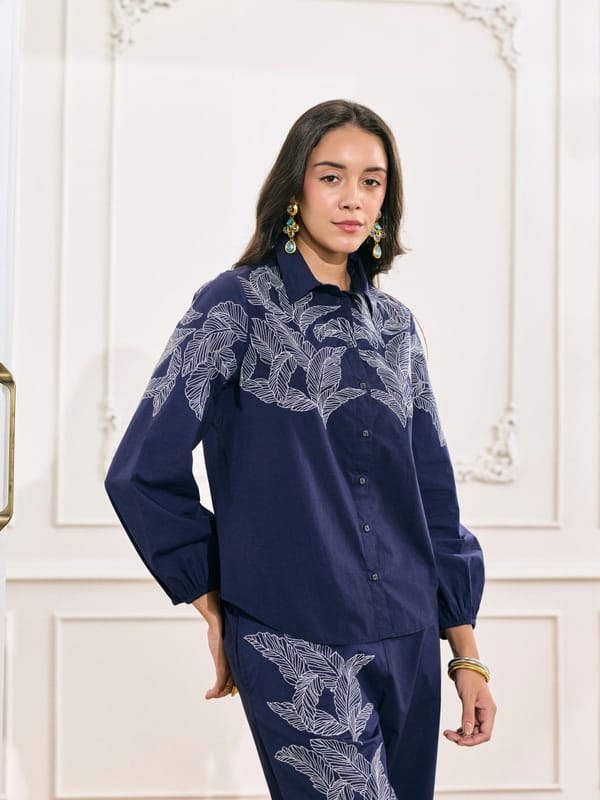 Navy Cotton Poplin Embroidered Button-Down Shirt — Style Island