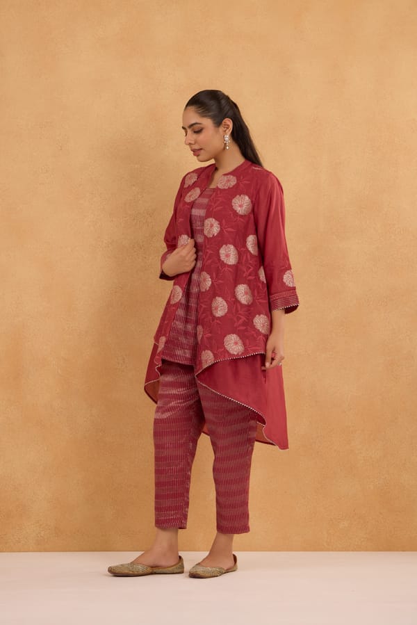 High Low Tissue Embroidered Chanderi Jacket Set with Tissue Inner and Pants — Omi Clothing