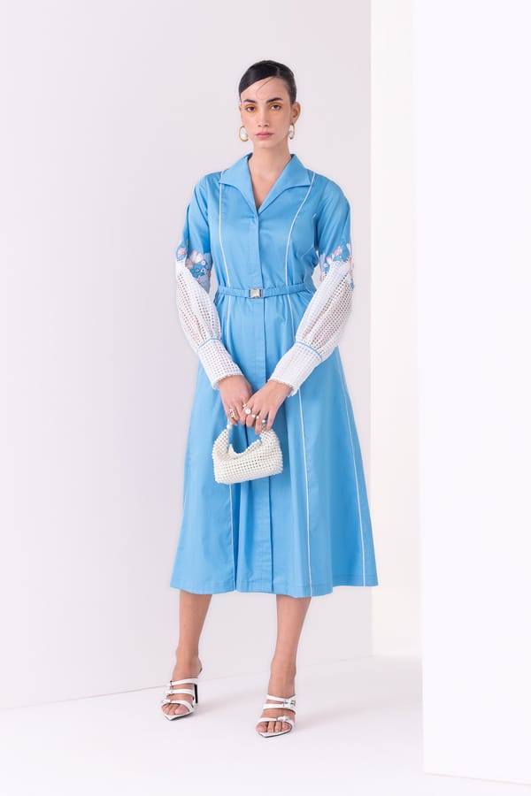 Sky Blue Midi Shirt Dress with 3D Embroidered Sleeves — Our Love
