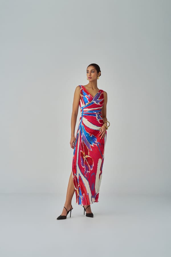 Pink/Red Abstract Print Micro-Pleated Wrap Maxi Dress — Saaksha and Kinni