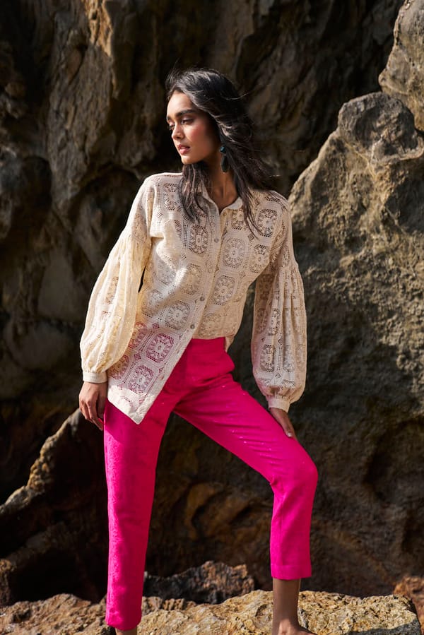 Pink Brocade Tapered Trousers — Dash and Dot