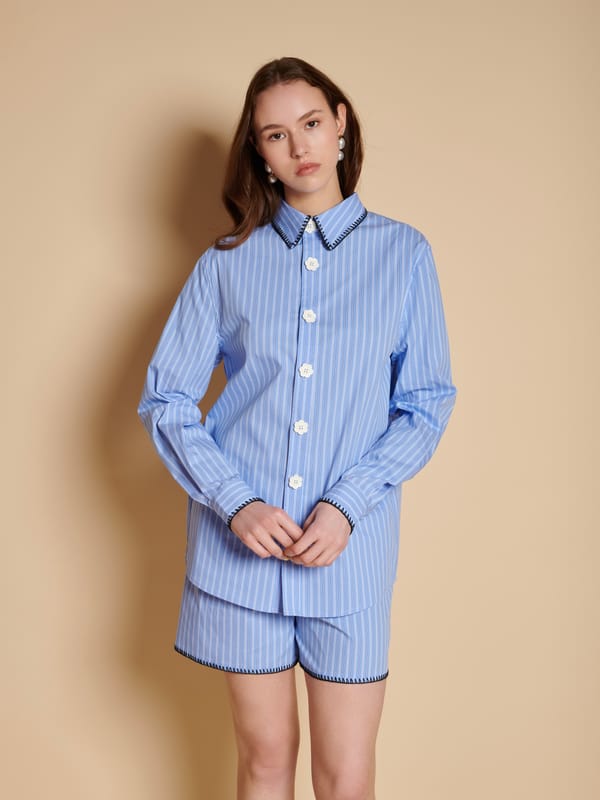 Blue Pinstripe Longline Shirt with Flower Buttons — SISTER JANE
