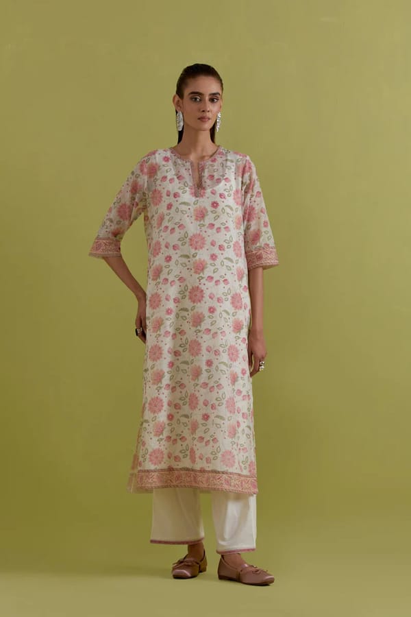 Off White Hand Block Printed Straight Kurta — Upavita