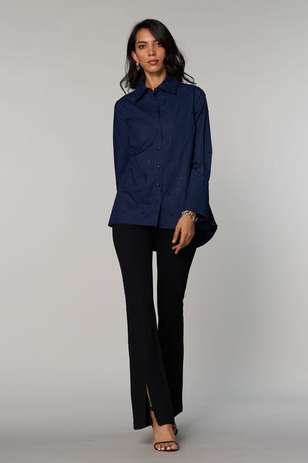 Navy Blue Stud-Embellished Longline Shirt — Style Island