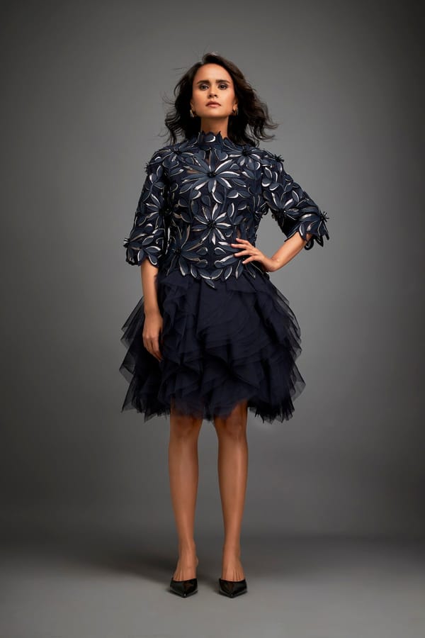Floral Patterned Dress With Layered Ruffled Sheer Bottom — Deepika Arora