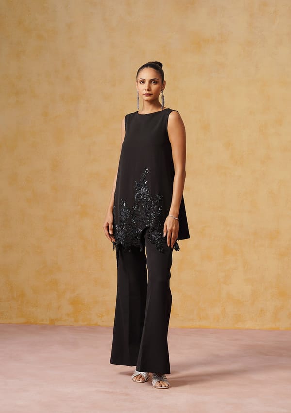 Black Satin Tunic and Trouser Co-ord Set with Embroidered Hem — AMOSHI