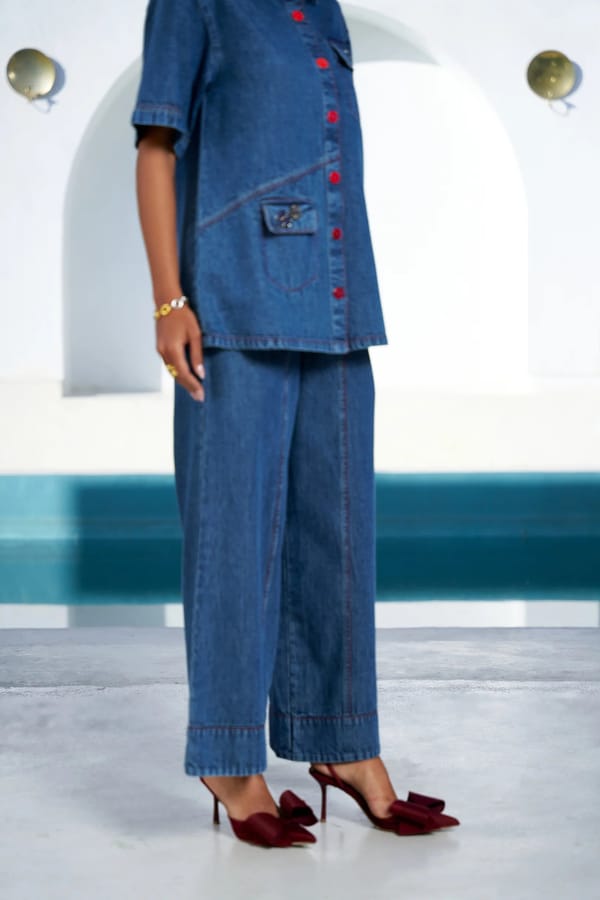 Blue Cotton Denim Wide-Leg Trousers — STITCH STORIES