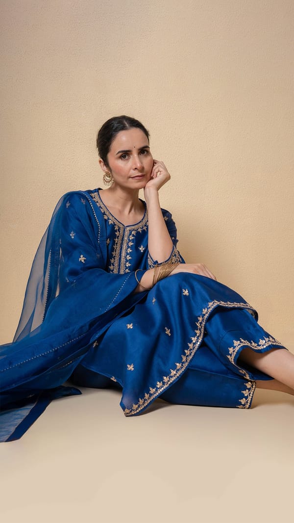 Blue Chanderi Marori Work Kurta Set with Organza Dupatta — Kameez