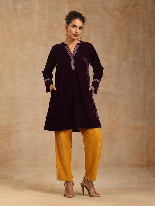 Wine Velvet Placket Embroidered Co-ord Set — Truebrowns