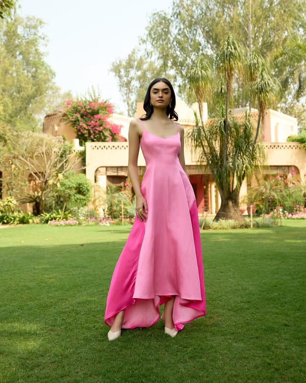 Pink Colorblock Fit and Flare High-Low Midi Dress — House of Soi