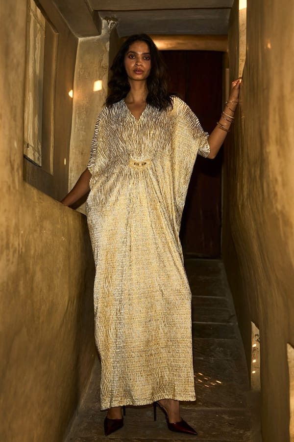 Ivory/Gold Foil Printed Pleated Maxi Kaftan — Dash and Dot
