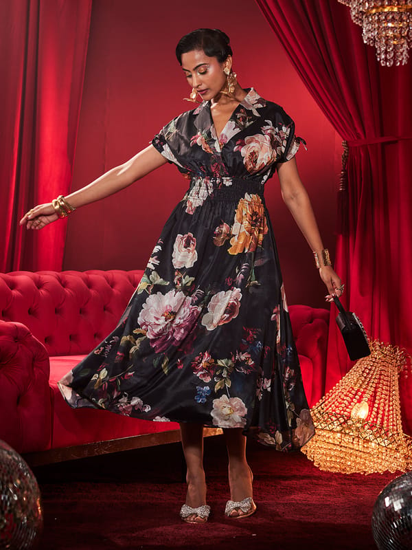 Black Floral Fit and Flare Midi Dress with Smocked Waist — HOUSE OF FETT