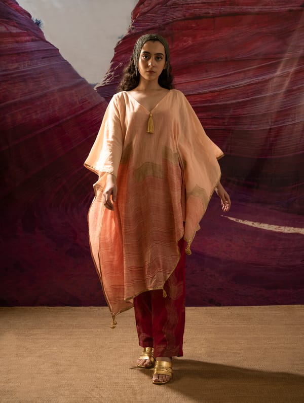 High Low Peach - Gold Kaftan with Pants and Stole — Banana Labs