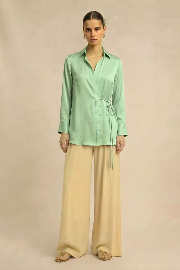Ash Green Bemberg Silk Collared Wrap Blouse — Neora