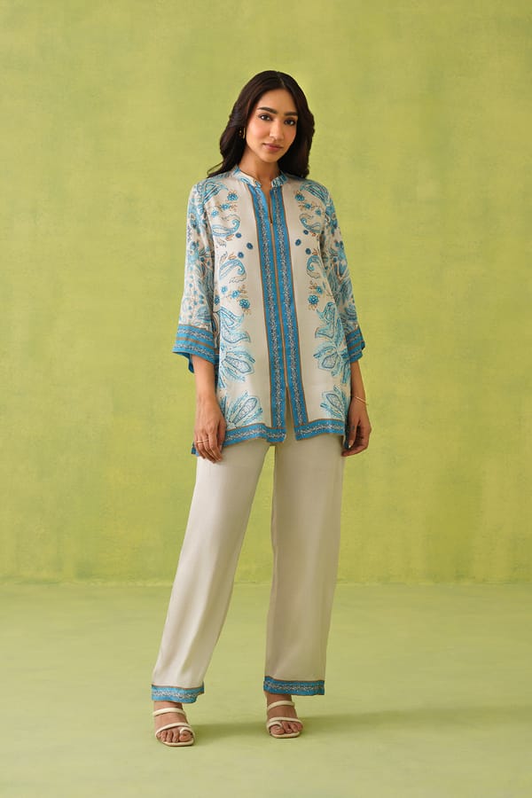 Cream/Blue Paisley Printed Tunic and Pants Co-ord Set — INCHING INDIA